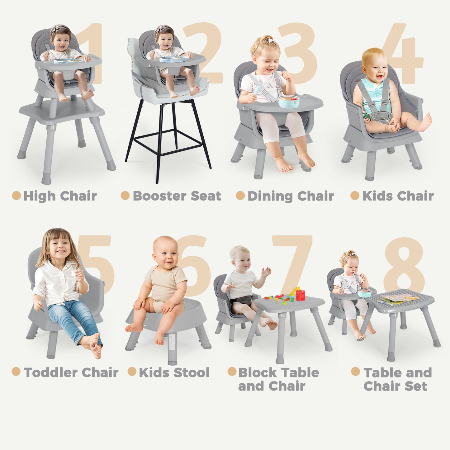 AILEEKISS 8 in 1 Baby High Chair, Toddler Dining Booster Seat for Eating, Light grey