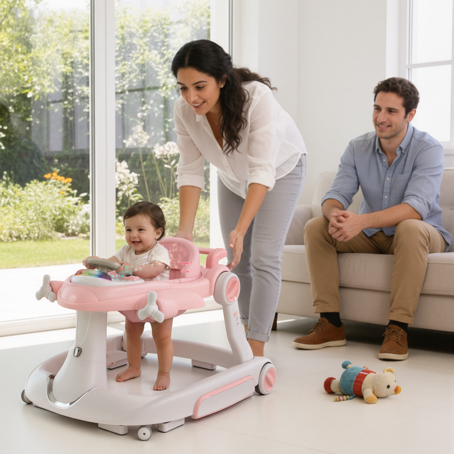 AILEEKISS 5-in-1 Musical Baby Walker with Wheels, Foldable Baby Walker for Boys Girls, Pink& Beige