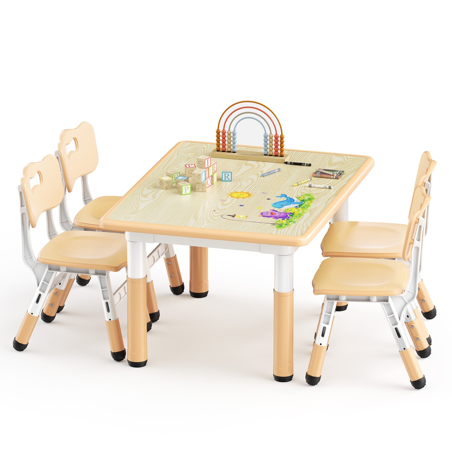 LINLUX Kids Table and 4 Chairs Set, Height Adjustable Table & Chairs, Spacious Activity Table for Toddlers, Khaki