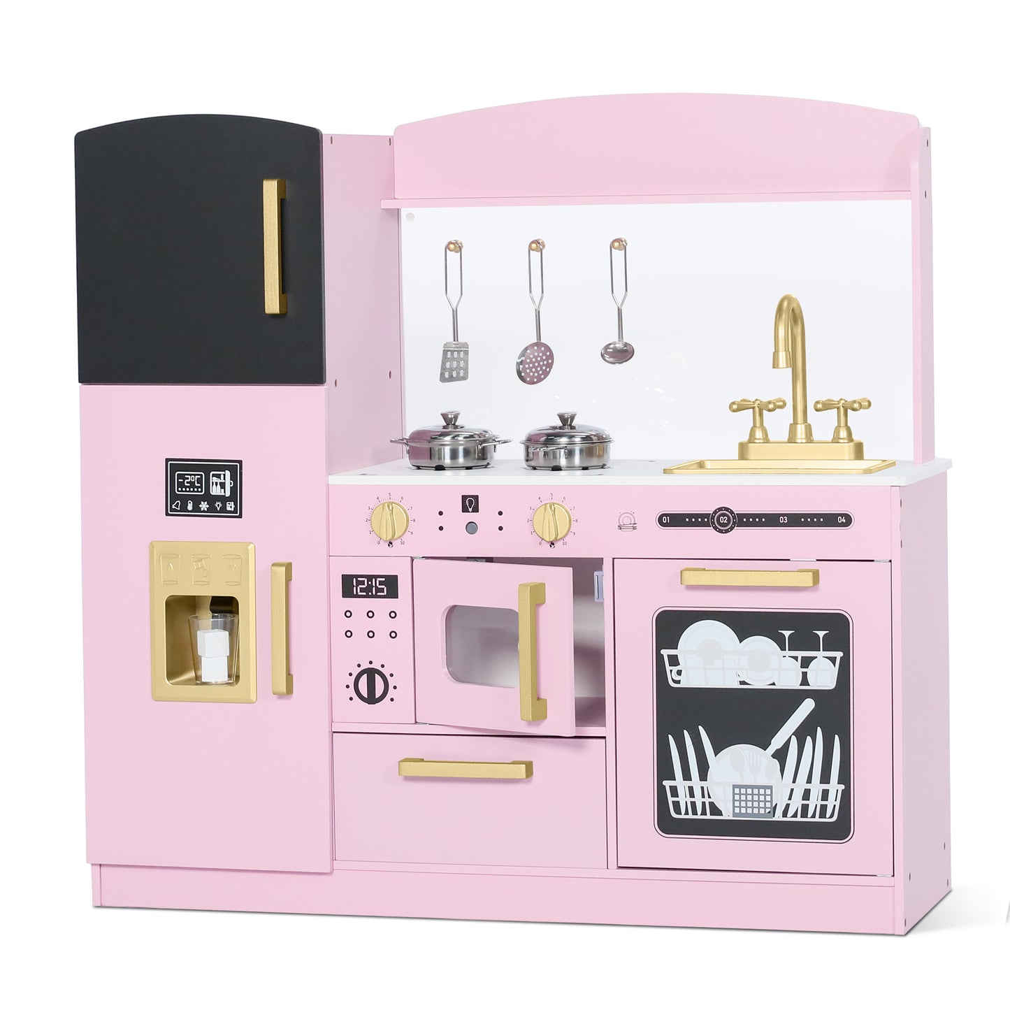 AILEEKISS Wood Kids Play Kitchen, Pretend Kitchen Playset for Children Age 3 Years up, Pink