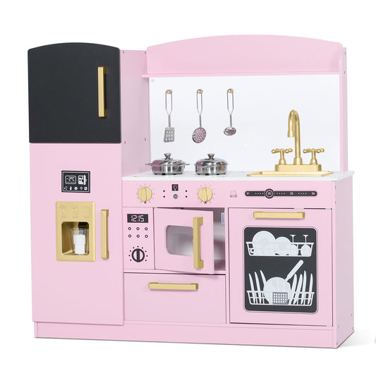AILEEKISS Wood Kids Play Kitchen, Pretend Kitchen Playset for Children Age 3 Years up, Pink