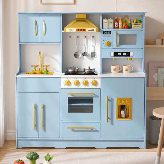 LINLUX Wooden Kids Kitchen Playset, Interactive Kitchen Toy with Sounds, Ice Maker & Oven, Blue