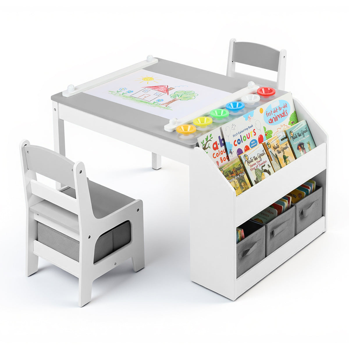 AILEEKISS Kids Table and Chair Set,Children Play Activity Desk for Drawing with 3 Drawers, Grey