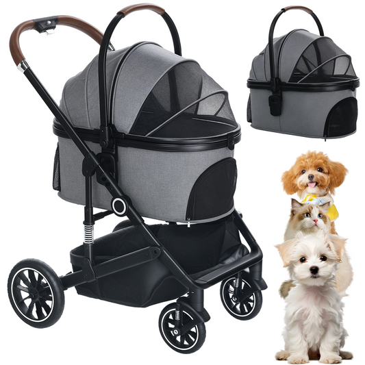 AILEEKISS 4-Wheeled Pet Stroller, Folding Cat and Dog Stroller with Brake, up to 58 lbs, Grey