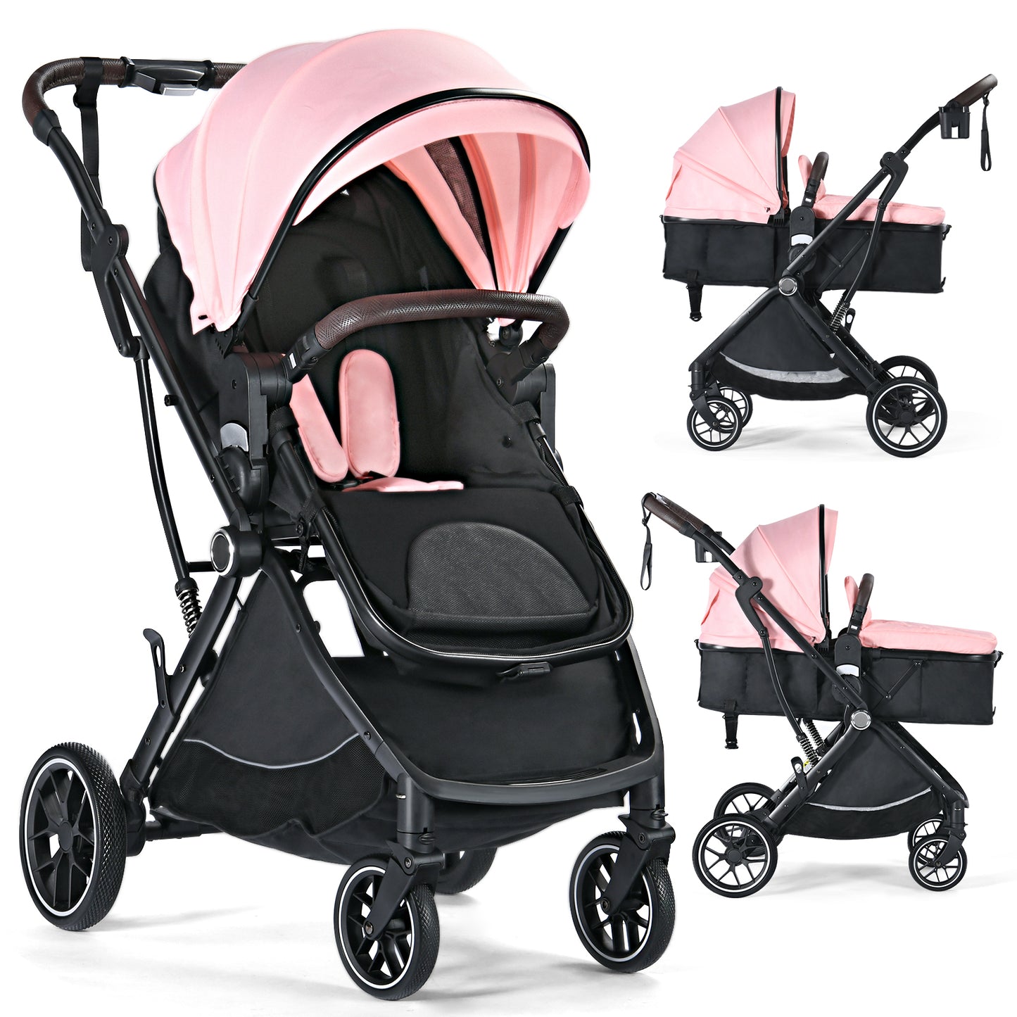 Baby Stroller, 3 in 1 Folding Infant Stroller & Unisex Bassinet Stroller for Newborn, Pink