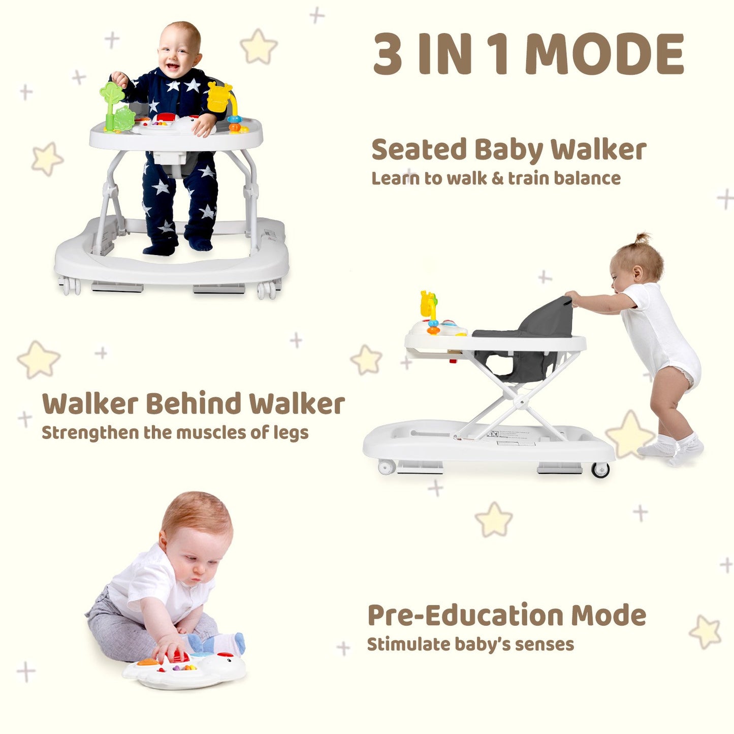 AILEEKISS 3 in 1 Baby Walker with Wheels, Foldable Infant Walker Girl Toddler Activity Center, Grey