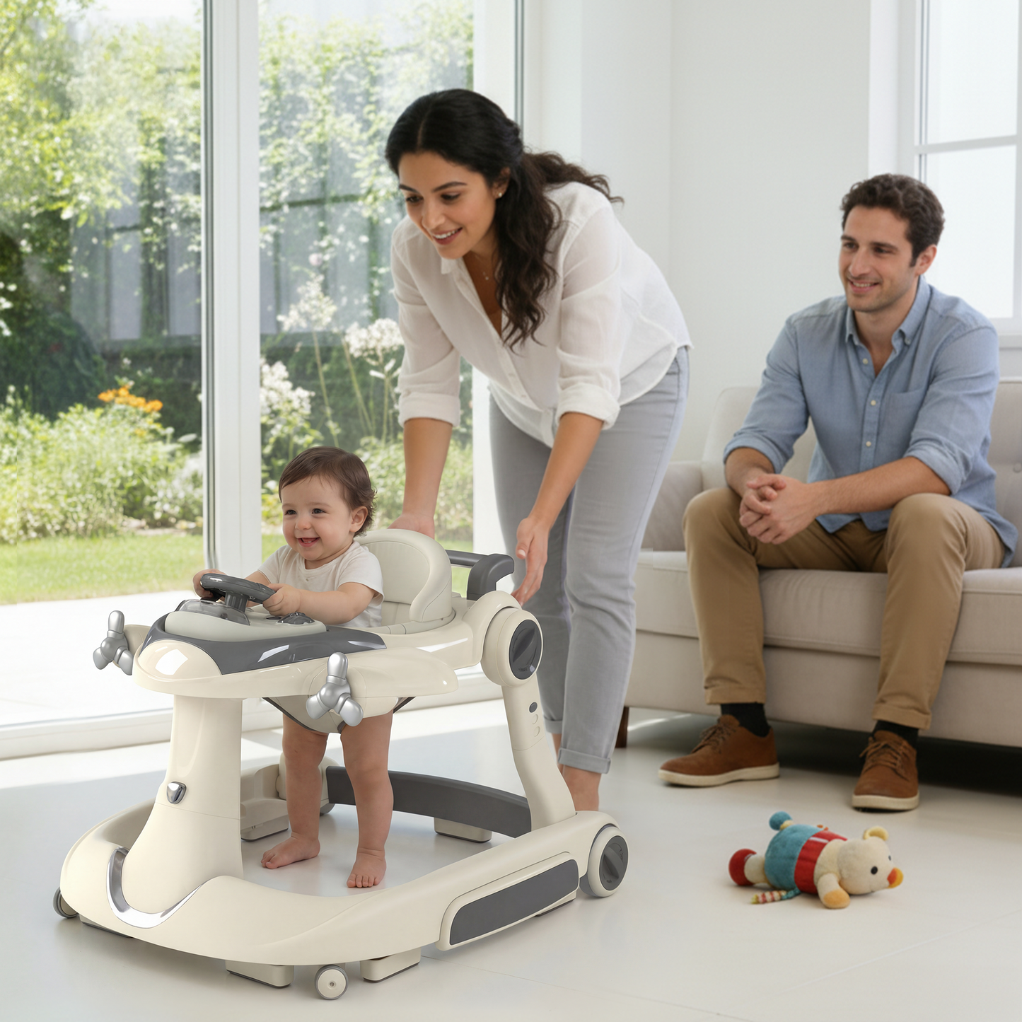 AILEEKISS 5-in-1 Musical Baby Walker with Wheels, Foldable Baby Walker for Boys Girls, Beige