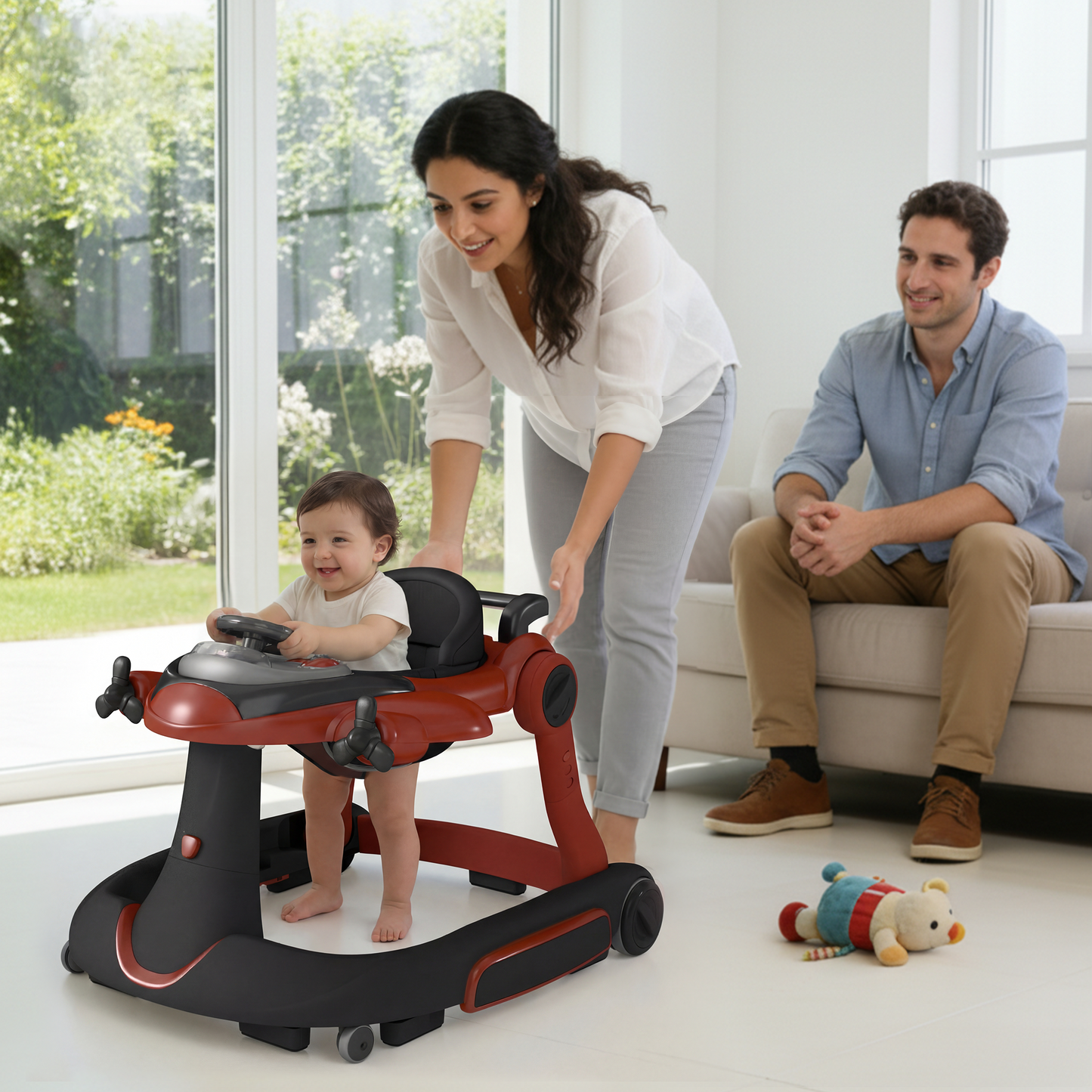 AILEEKISS 5-in-1 Musical Baby Walker with Wheels, Foldable Baby Walker for Boys Girls, Red