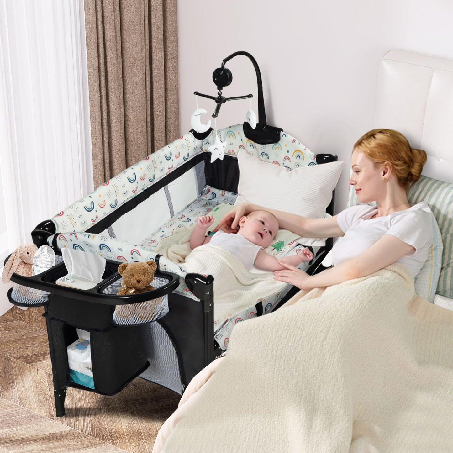 LINLUX Foldable Baby Bedside Crib Bassinet, Infant Pack and Play Playard, Newborn Playpen Changing Table, Multicolor