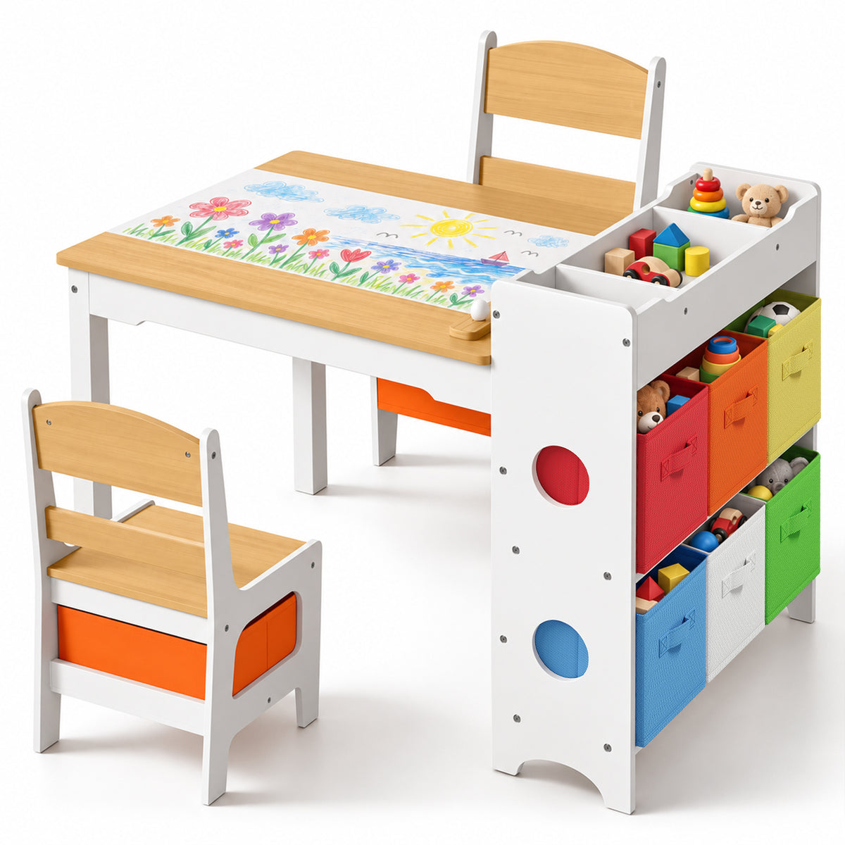 AILEEKISS Kids Table and Chair Set,Children Play Activity Desk for Drawing with 6 Drawers, Natural