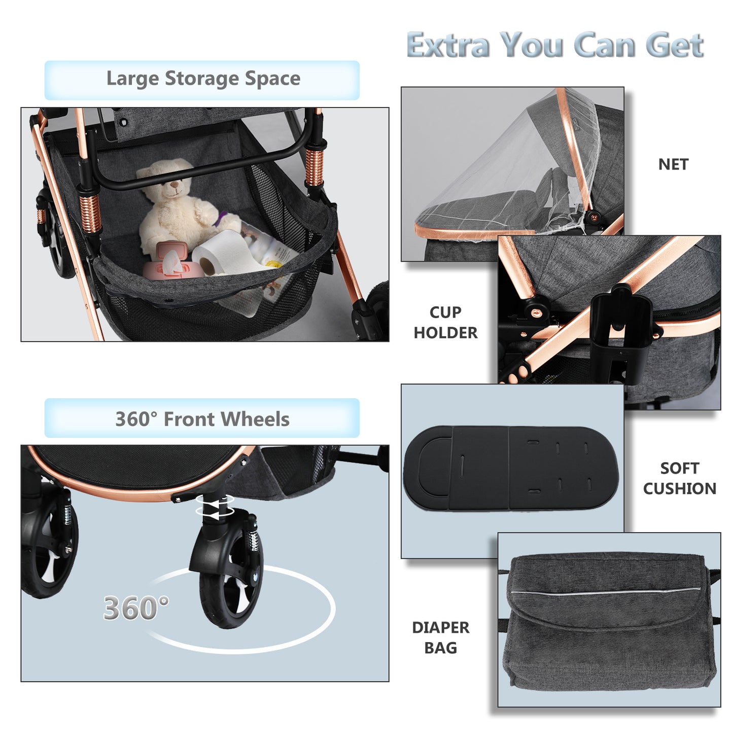 2 in 1 Convertible Baby Stroller, Unisex Folding Infant Newborn Bassinet Pram, Rose Gold