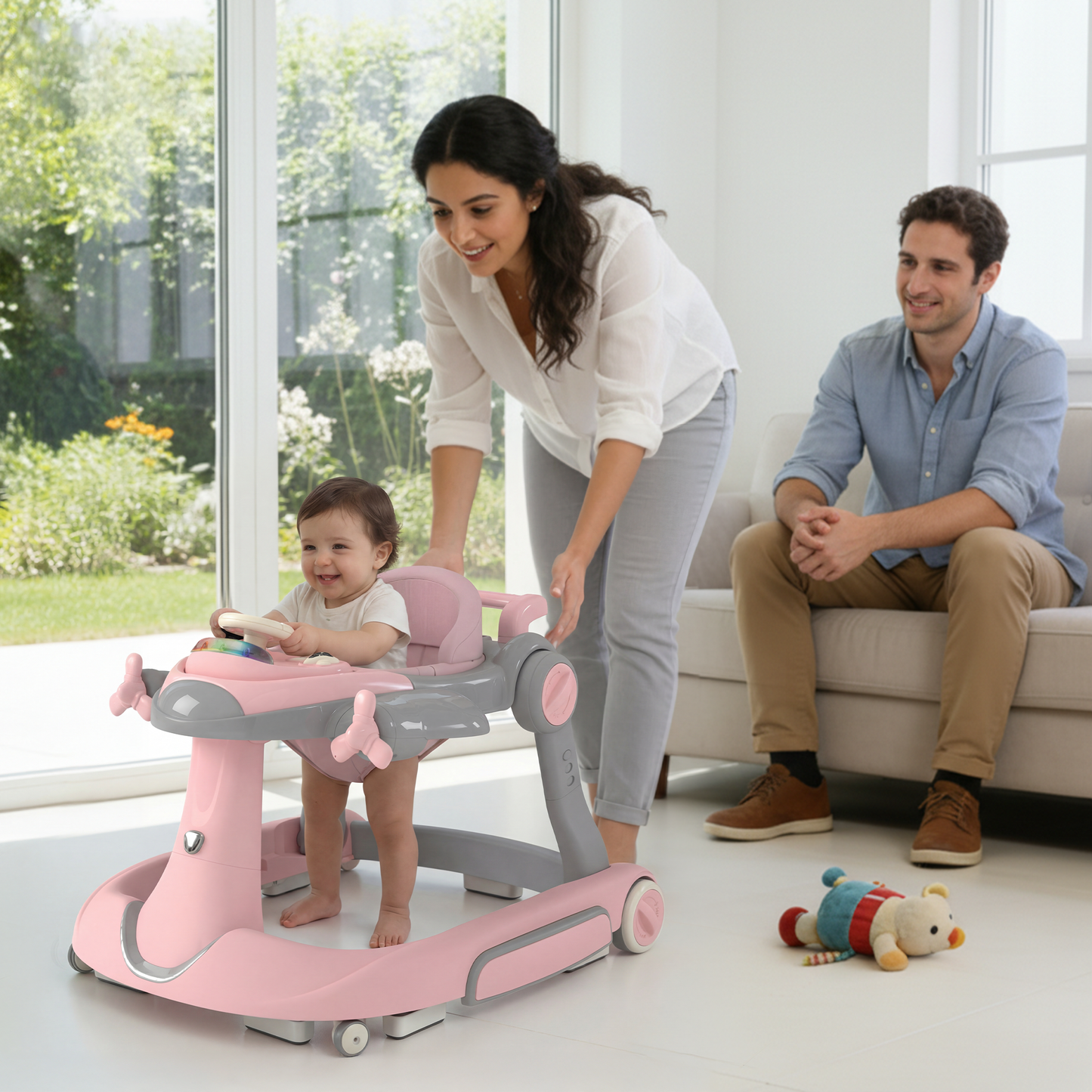 AILEEKISS 5-in-1 Musical Baby Walker with Wheels, Foldable Baby Walker for Boys Girls, Pink& Gray