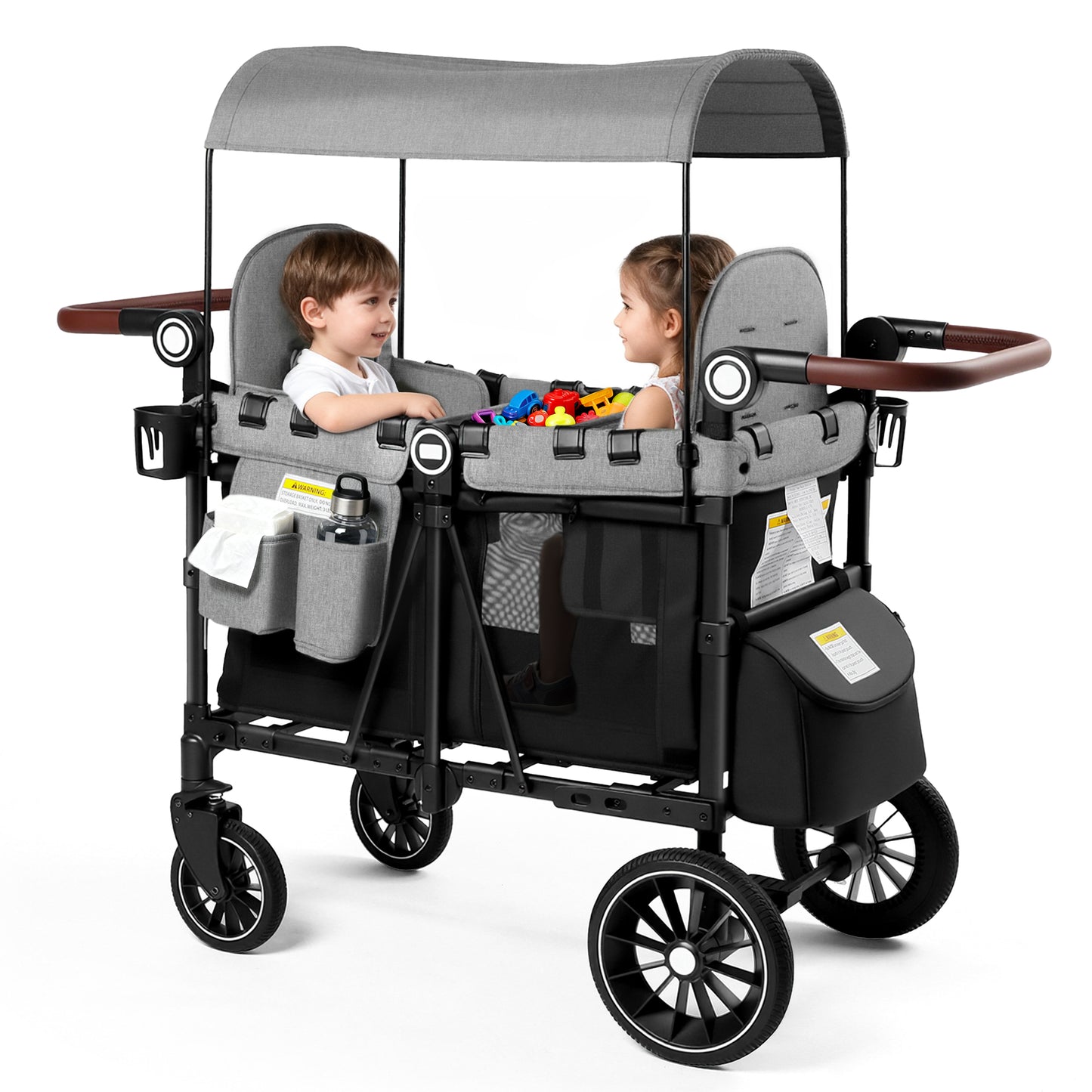 LINLUX 2 Kids Wagon Stroller, Foldable Outdoor 2-Seat Stroller Wagon, Removable Canopy, 55 Pound, Black