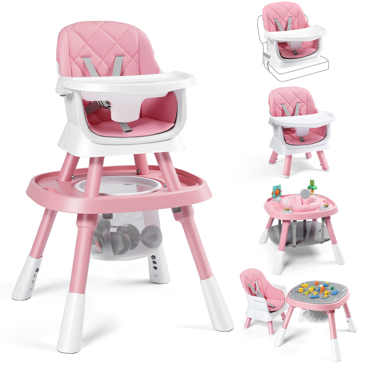 AILEEKISS 15 in 1 Baby High Chair, Toddler Dining Booster Seat w/Activity Center, Pink