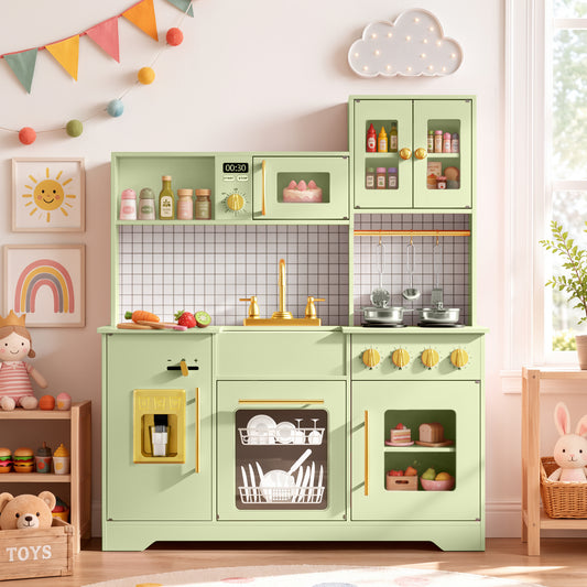 LINLUX Wooden Kids Kitchen Playset, Pretend Kitchen Toy with Rotating Faucet & Ice Maker, Green