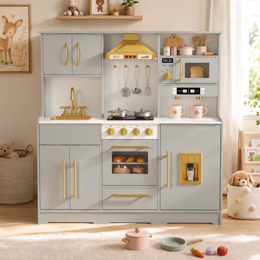 LINLUX Wooden Kids Kitchen Playset, Interactive Kitchen Toy with Sounds, Ice Maker & Oven, Gray
