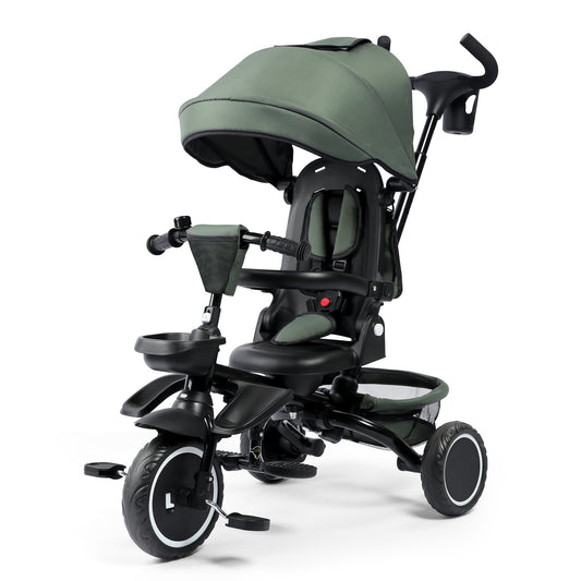 AILEEKISS 8-in-1 Kids' Tricycle Stroller, Folding Toddler Bicycle Unisex Ride Trike 1-6 Years, Military Green