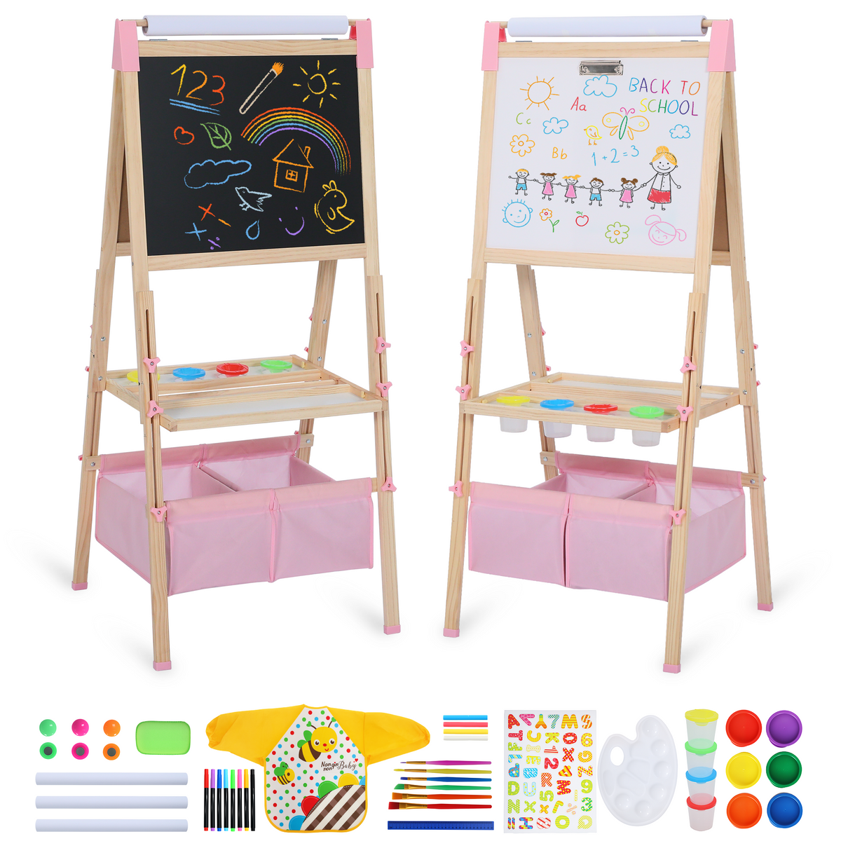 AILEEKISS Kids Art Easel Double-Sided Art Easel with Whiteboard and Chalkboard for Painting, Pink
