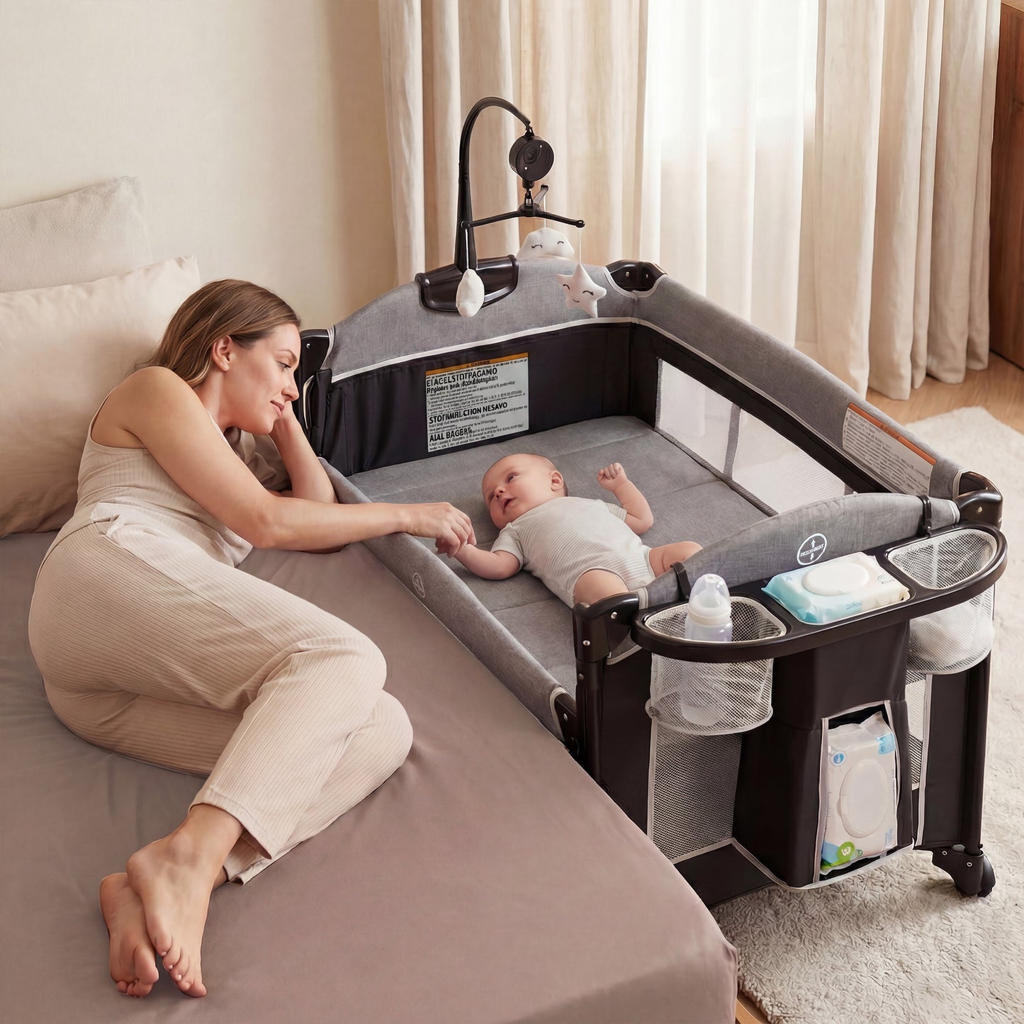 LINLUX Foldable Baby Bedside Crib Bassinet, Infant Pack and Play Playard, Newborn Playpen Changing Table, Dark Gray