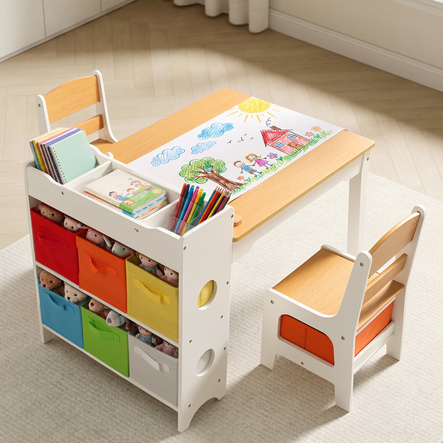 LINLUX Kids Art Table w/Easel, Kids Craft Table & Chair Set for Drawing, Child Activity Table, Natural