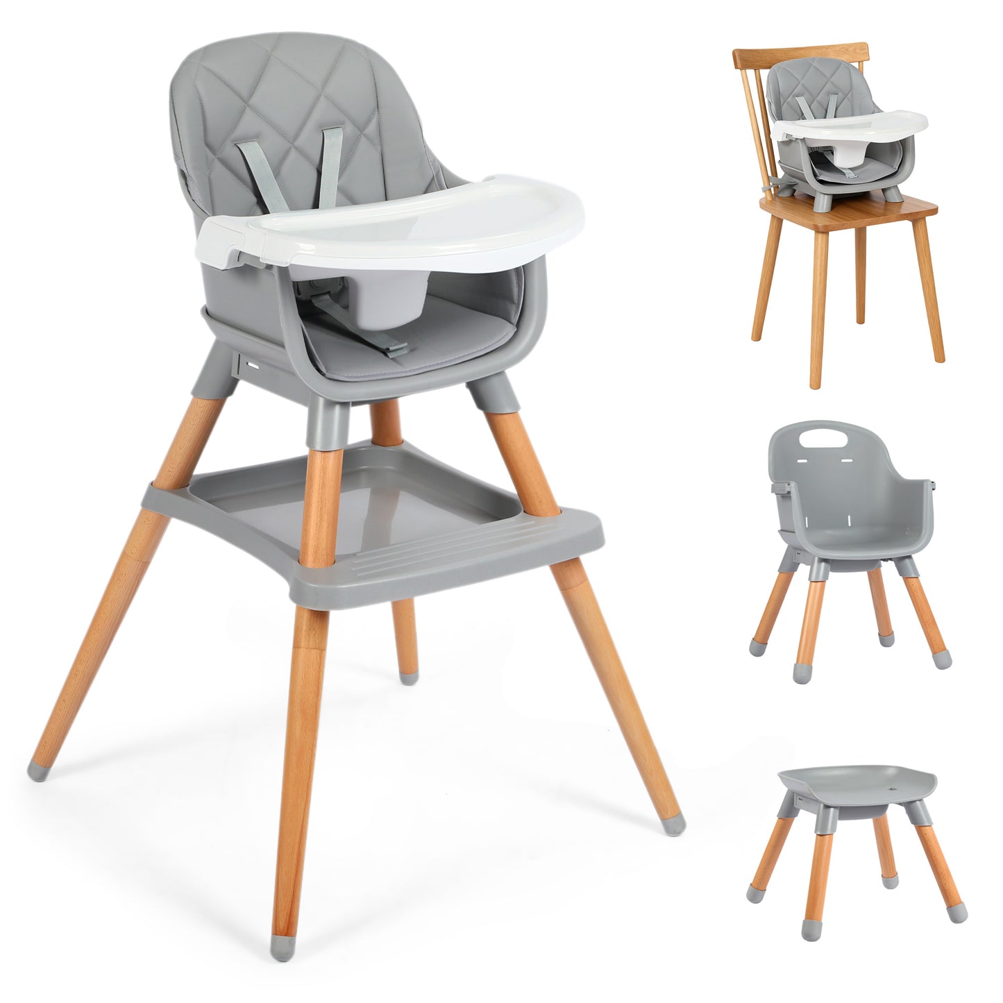 AILEEKISS 7 in 1 Wooden Baby High Chair Infant Feeding Chair with Removable Tray