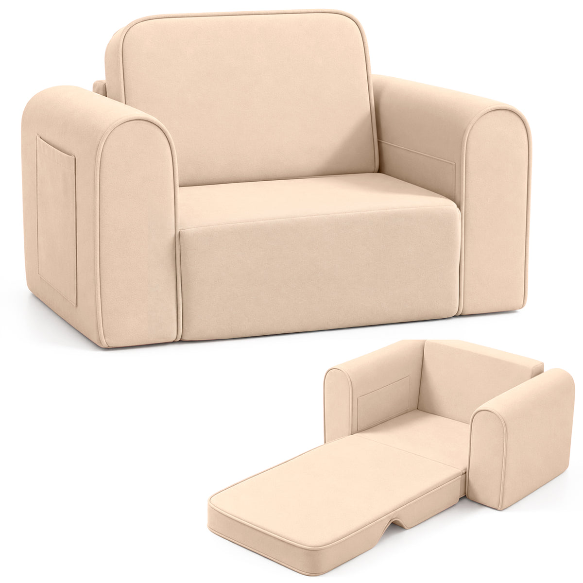 AILEEKISS 2-in-1 Toddler Sofa Chair, Foldable Kids Couch Flip Open Bed for Playroom, Beige