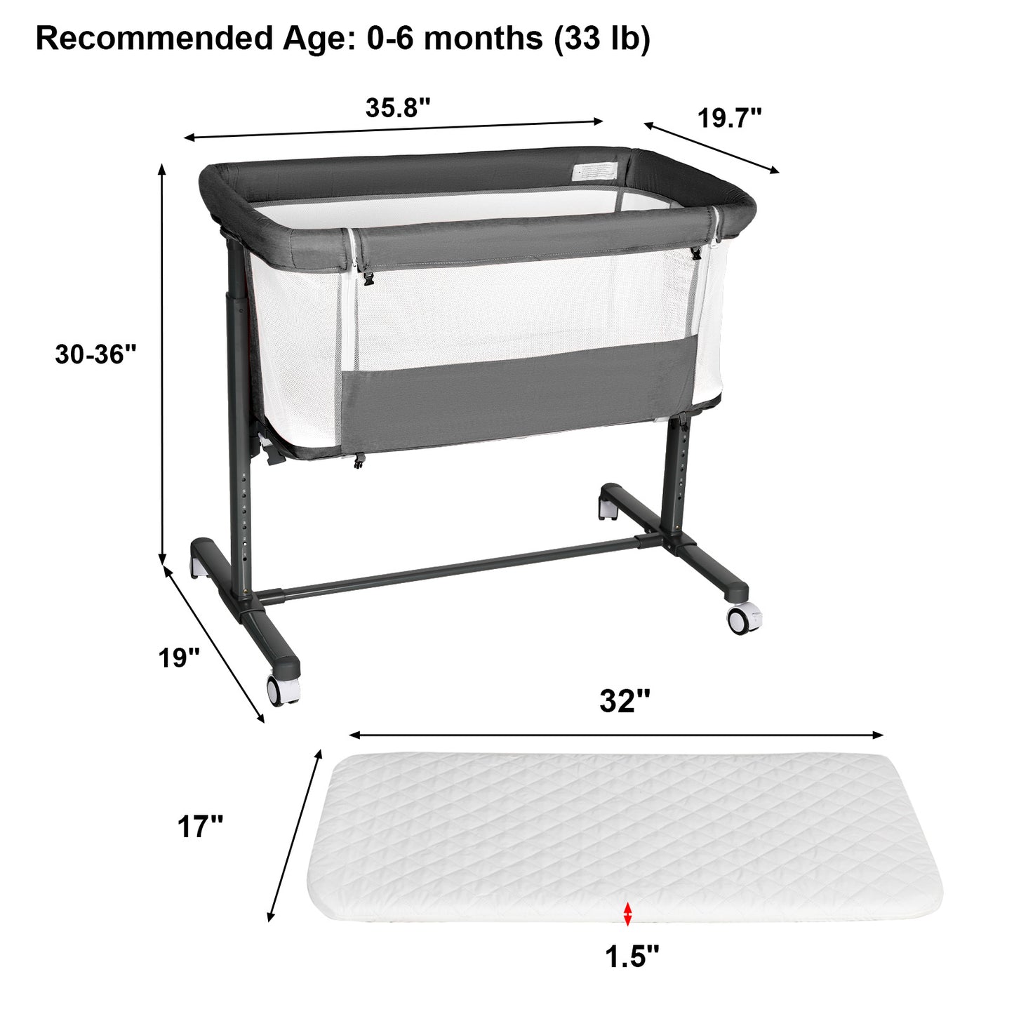 Baby Bassinet Bedside Sleeper, Height Adjustable Newborn Baby Bassinet with Wheels, Grey