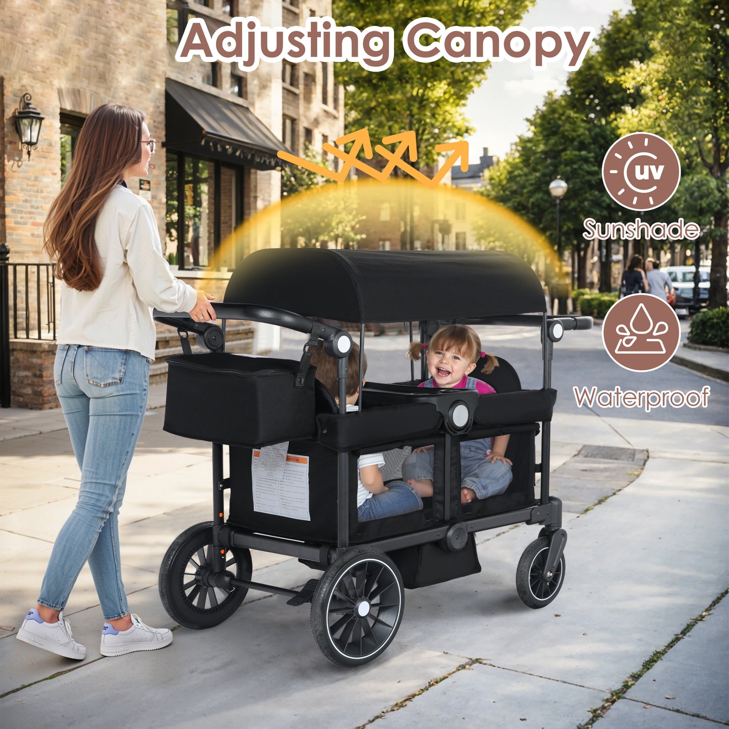 AILEEKISS Collapsible Wagon Stroller for 2 Toddlers with Adjustable Canopy, 44 Pounds, Black