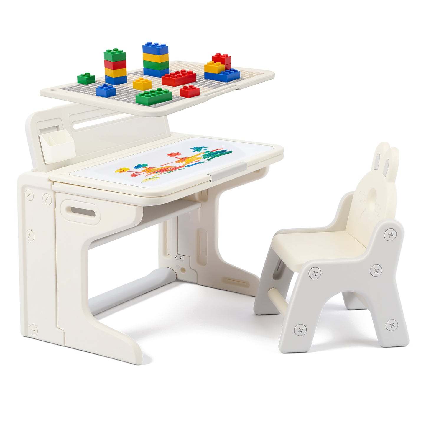 LINLUX Kids Table and Chair Set, Foldable Activity Desk with Tilt Tabletop, Drawing & Block Fun