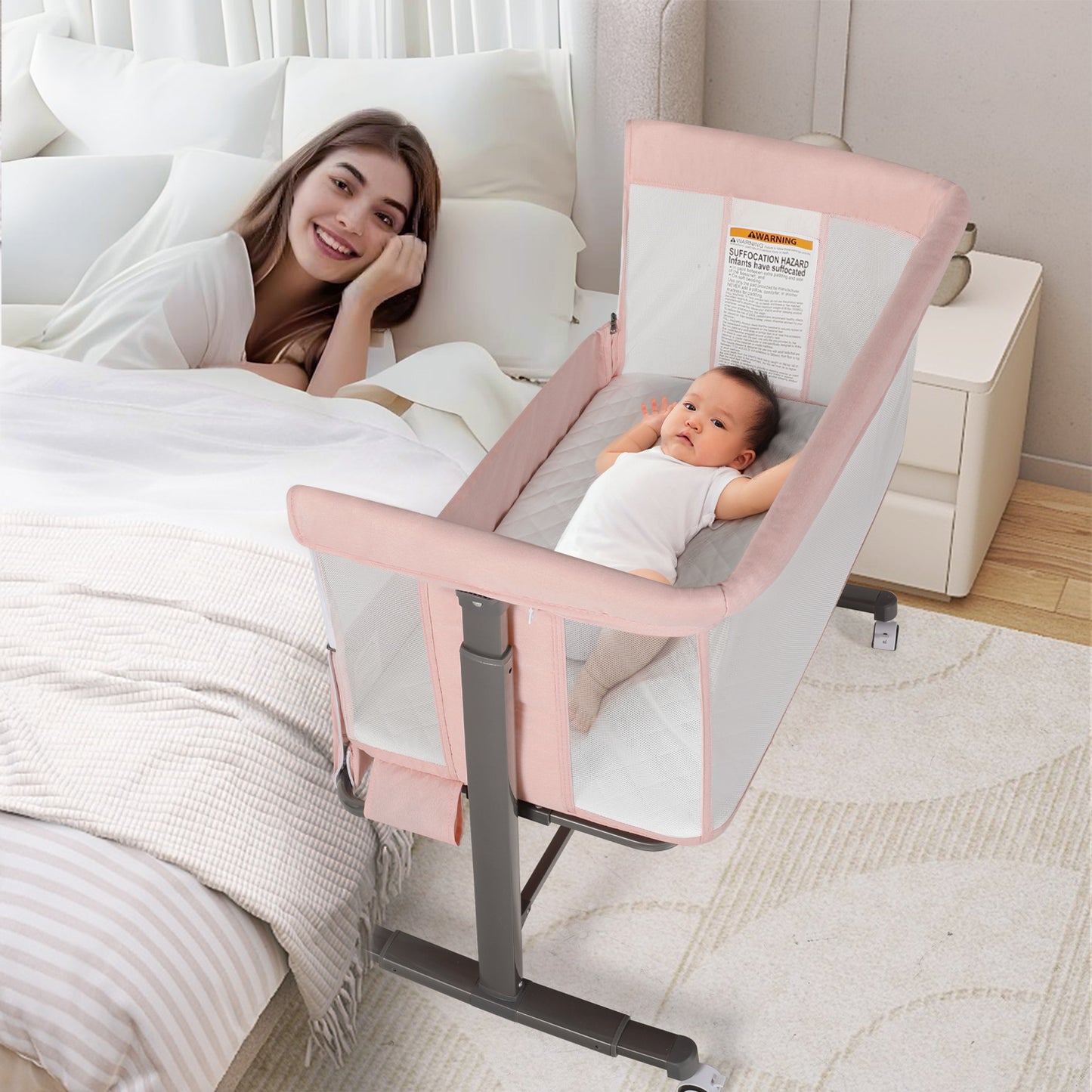 Baby Bassinet with Wheels Adjustable Bedside Sleeper Bassinet Newborn Baby Crib, Pink