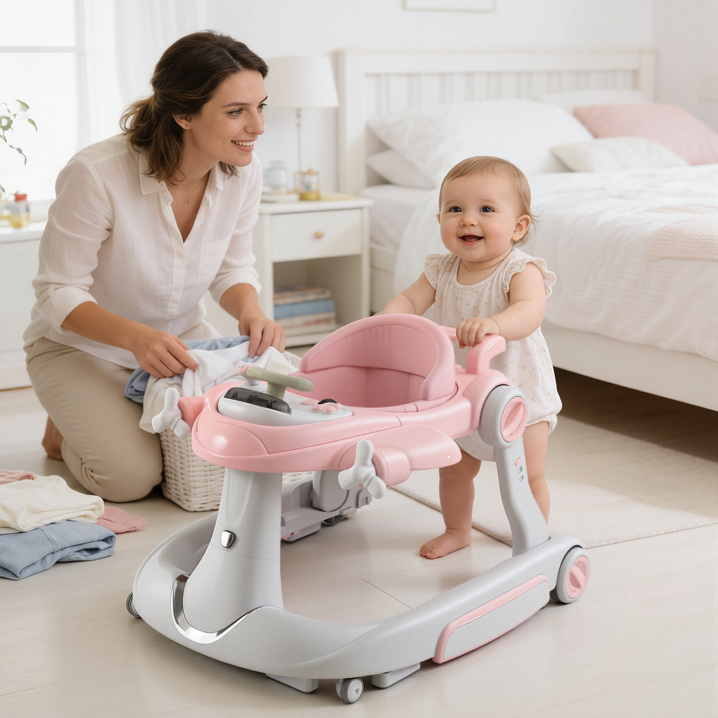 AILEEKISS 5-in-1 Musical Baby Walker with Wheels, Foldable Baby Walker for Boys Girls, Pink& Beige