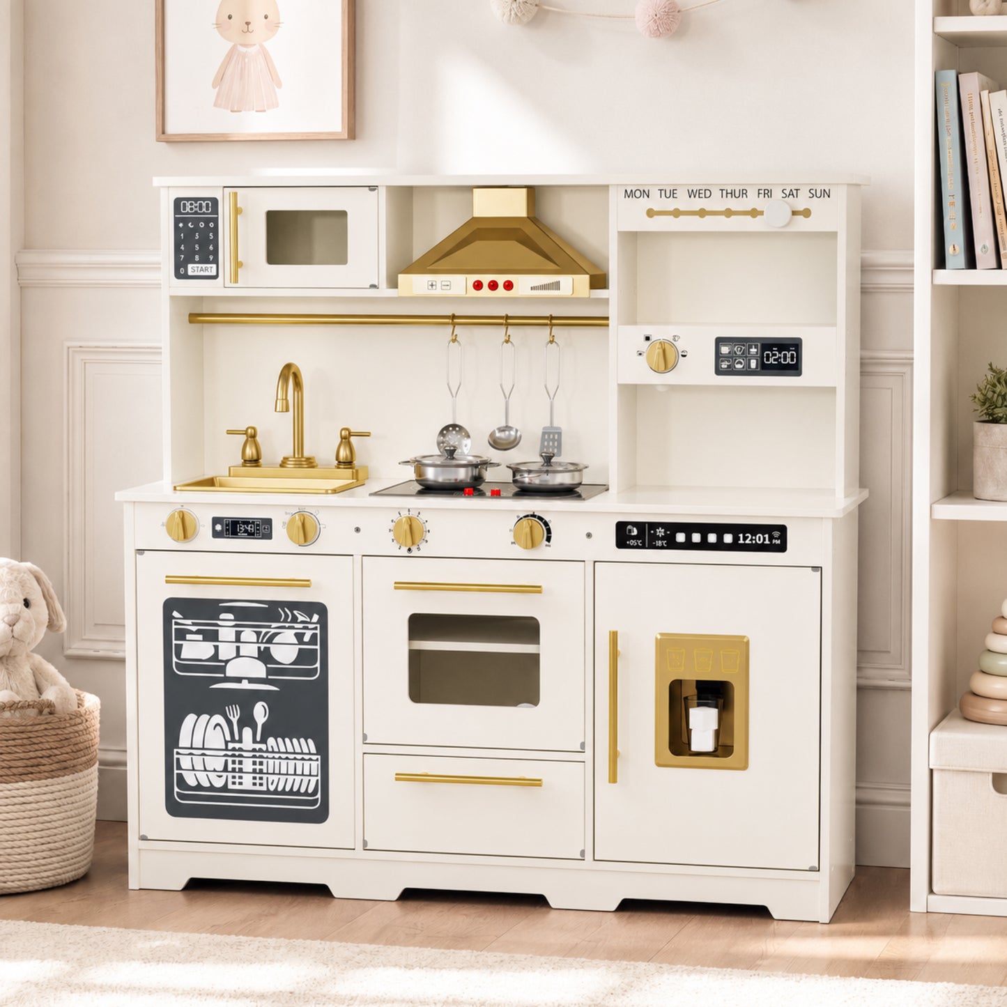 LINLUX Wooden Kids Kitchen Playset, Interactive Kitchen Toy with Sounds, Ice Maker & Oven, Beige
