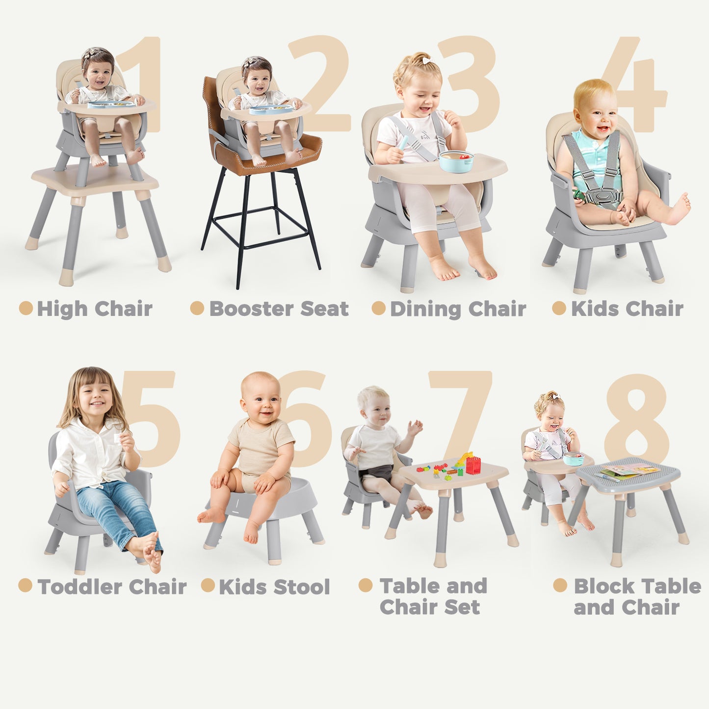 AILEEKISS 8 in 1 Baby High Chair, Toddler Dining Booster Seat for Eating, Khaki