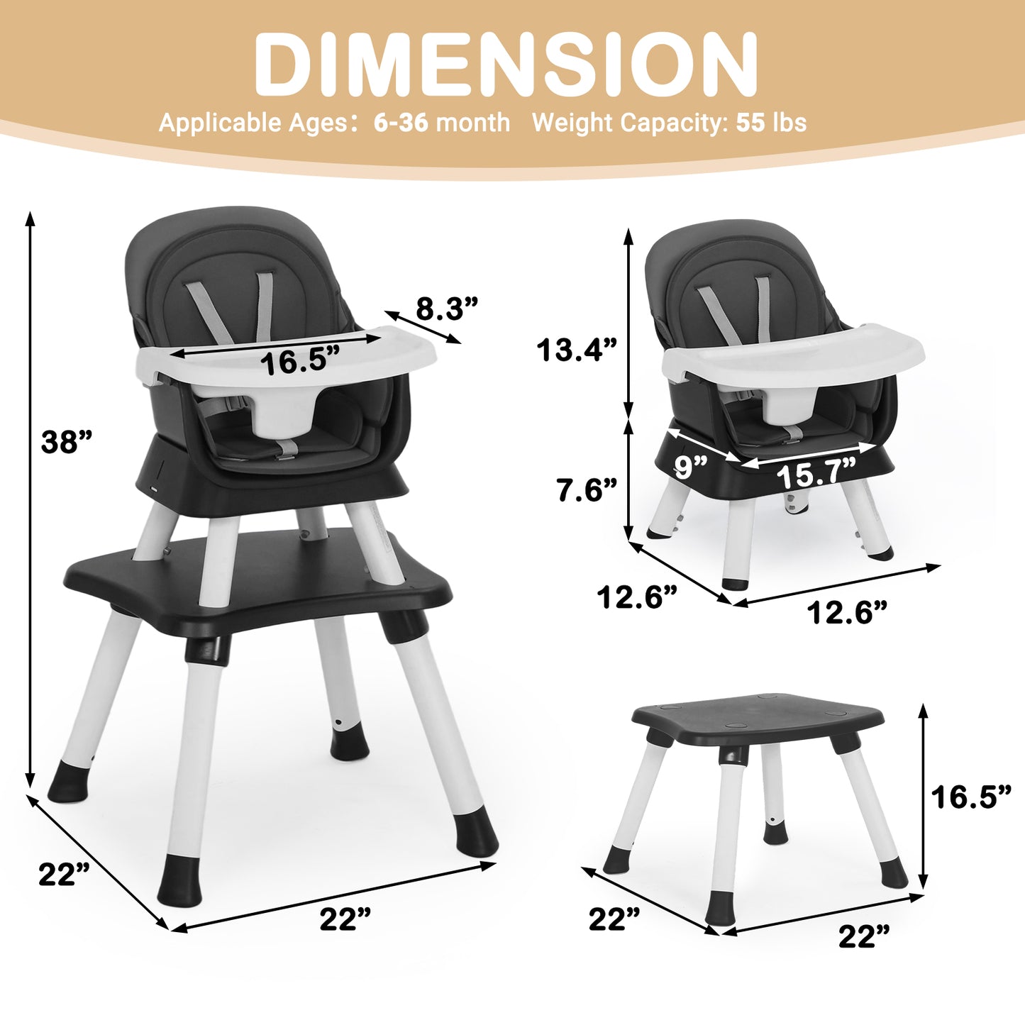 AILEEKISS 8 in 1 Baby High Chair, Toddler Dining Booster Seat for Eating, Grey
