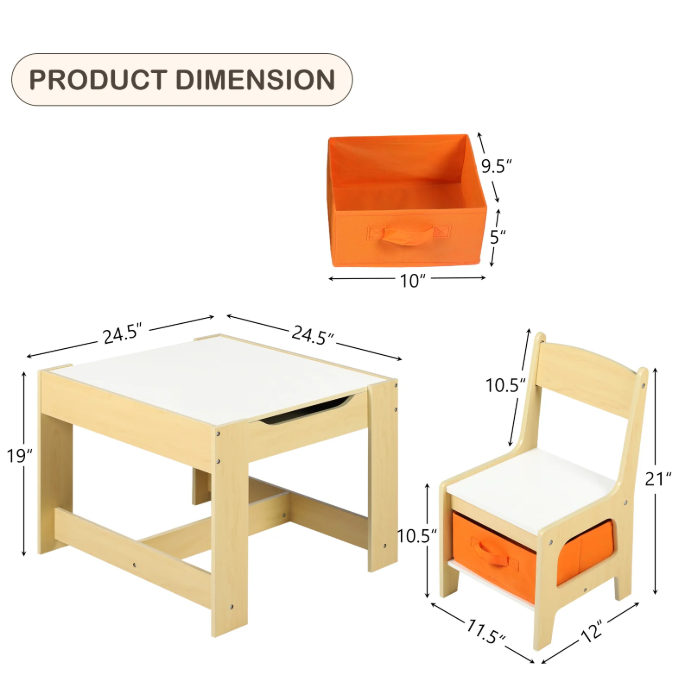 LINLUX Kids Table and 2 Chairs Set, Children Activity Table Chairs with Chalkboard/Whiteboard, Natural