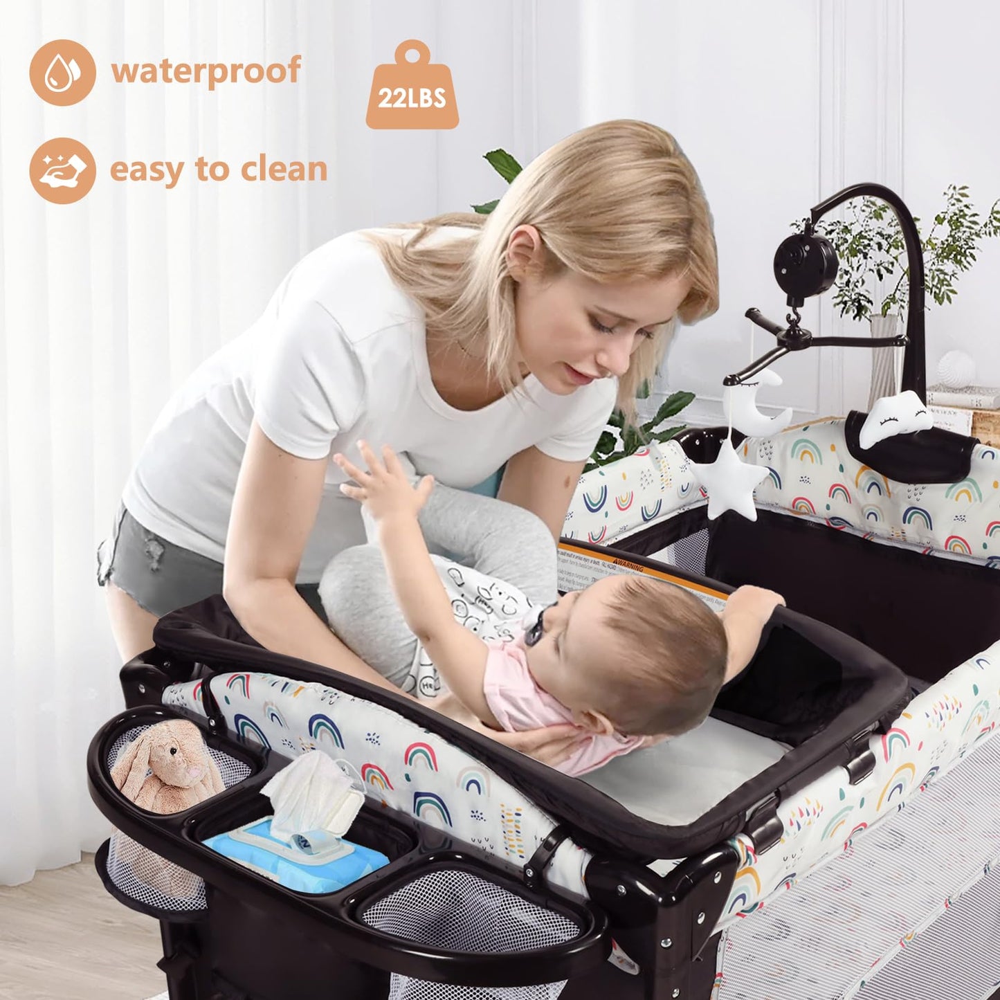 LINLUX Foldable Baby Bedside Crib Bassinet, Infant Pack and Play Playard, Newborn Playpen Changing Table, Multicolor