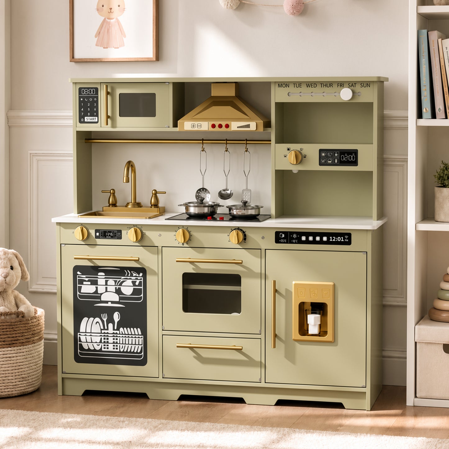 LINLUX Wooden Kids Kitchen Playset, Interactive Kitchen Toy with Sounds, Ice Maker & Oven, Green