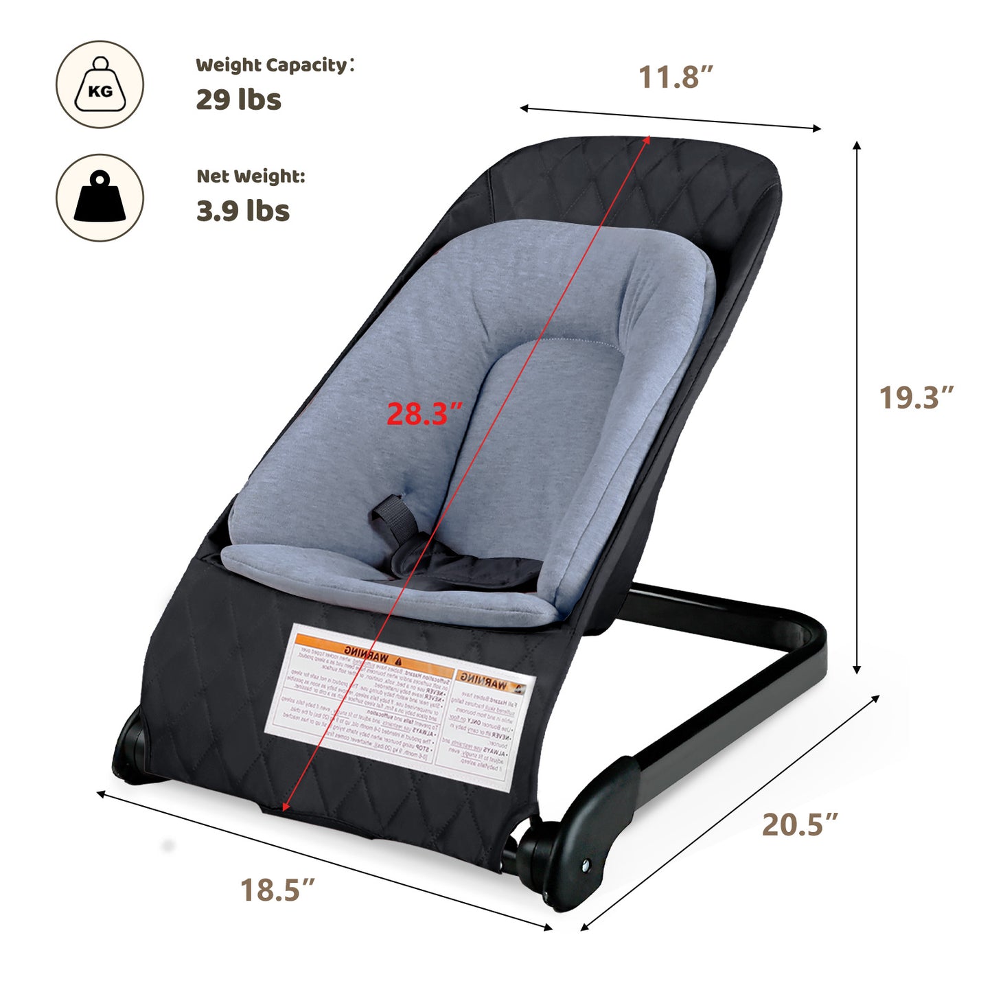 Baby Bouncer for Infants 3 in 1 Folding Baby Rocker Seat Unisex Lounge Chair, Black