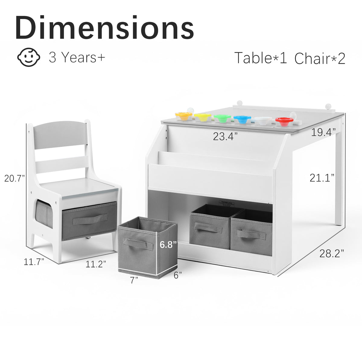 AILEEKISS Kids Table and Chair Set,Children Play Activity Desk for Drawing with 3 Drawers, Grey