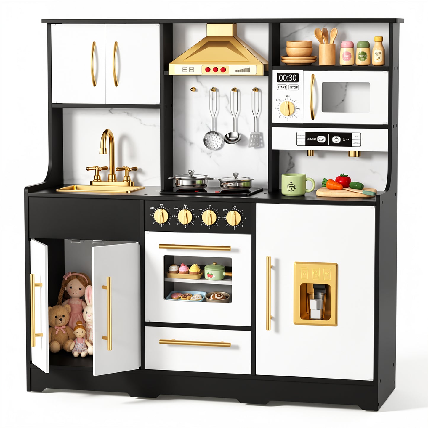 AILEEKISS Wood Kids Play Kitchen, Pretend Kitchen Playset for Children Age 3 Years up, Black