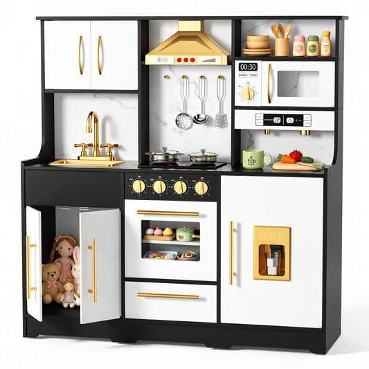 AILEEKISS Wood Kids Play Kitchen, Pretend Kitchen Playset for Children Age 3 Years up, Black