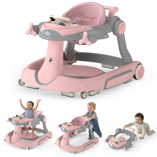 AILEEKISS 5-in-1 Musical Baby Walker with Wheels, Foldable Baby Walker for Boys Girls, Pink& Gray