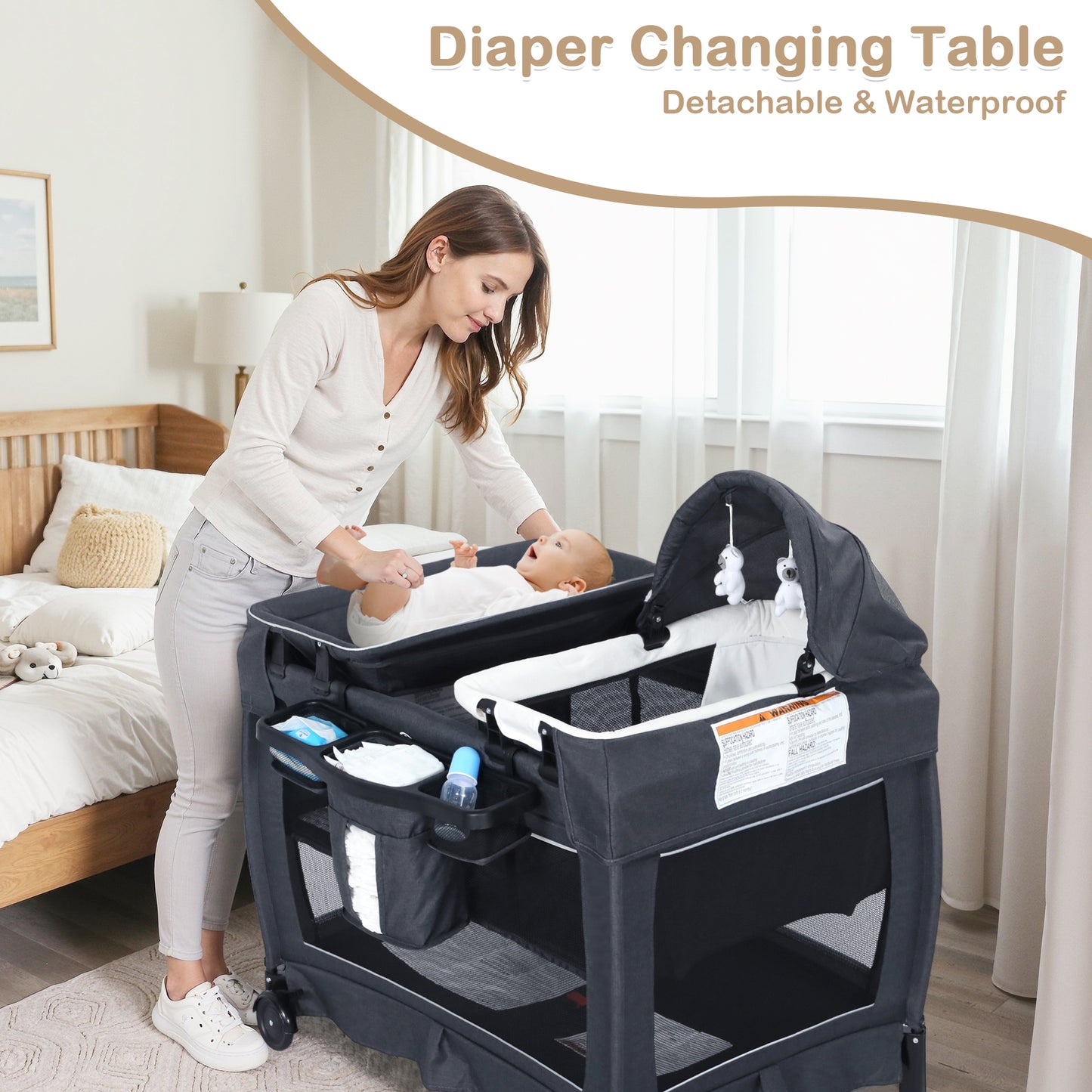 AILEEKISS 3-in-1 Nursery Center, Foldable Baby Playard with Changing Table for Newborn, Dark Grey
