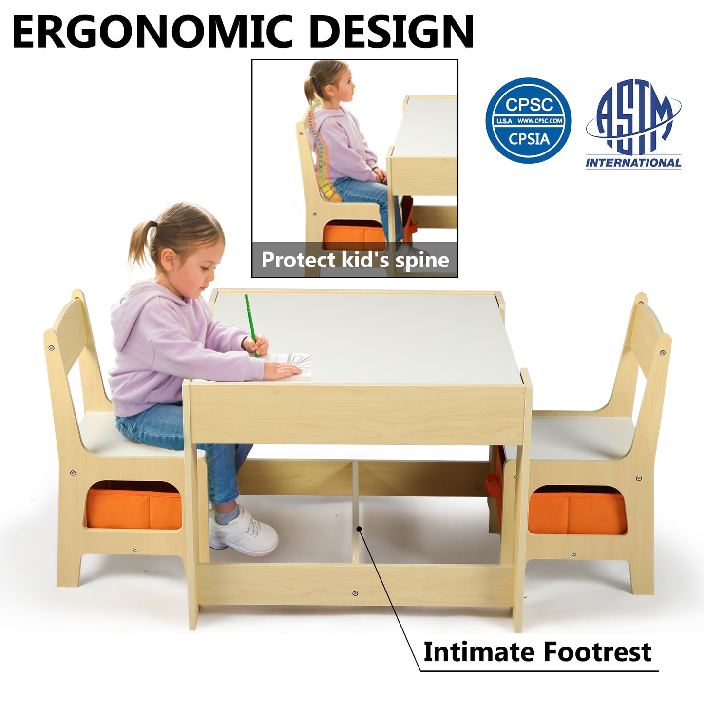 3 in 1 Kids Wood Table & 2 Chairs Set Children Activity Table w/Storage, Natural