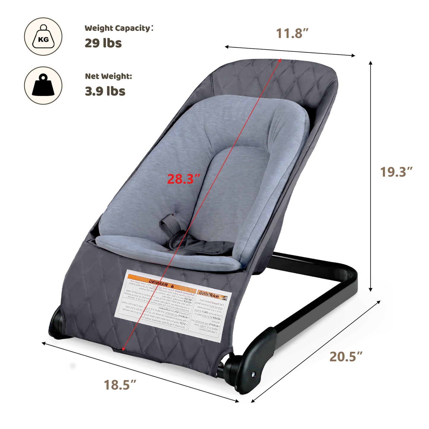 Baby Bouncer for Infants 3 in 1 Folding Baby Rocker Seat Unisex Lounge Recline Chair, Grey