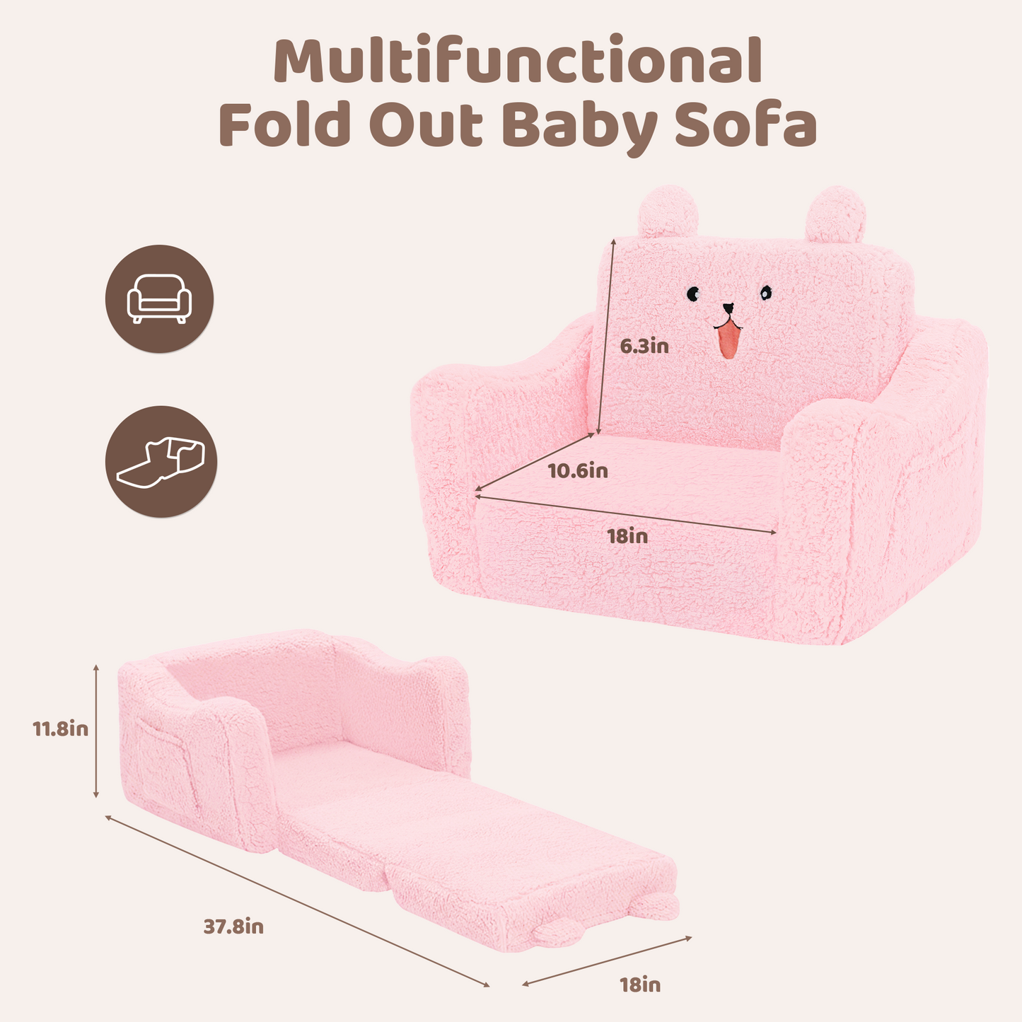 AILEEKISS Toddler Sofa, Foldable Kids Sofa Couch, Convertible Baby Lounger Chair for Playroom, Pink