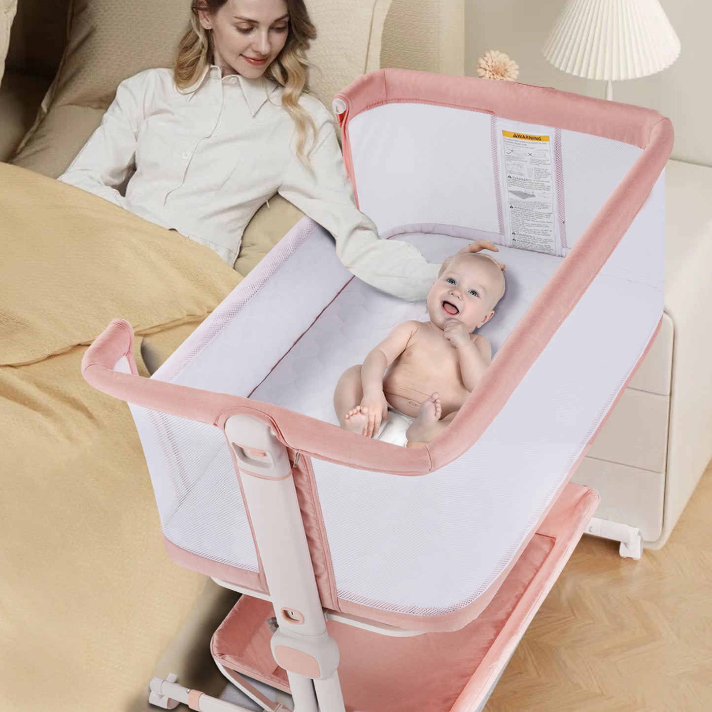 Baby Bassinet Bedside Sleeper with Wheels, Newborn Baby Cribs w/Storage Basket, Pink