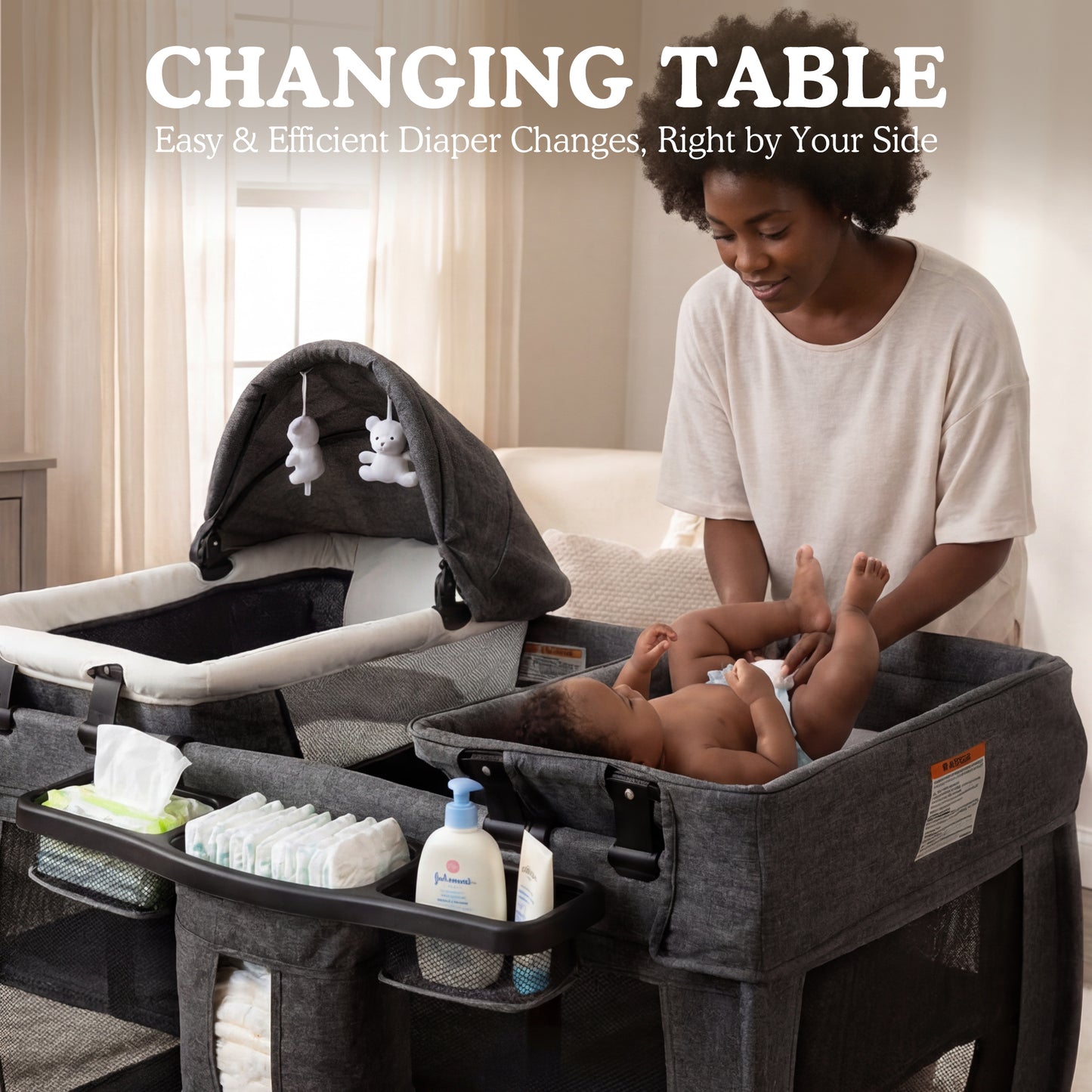AILEEKISS 3-in-1 Foldable Baby Playard with Bassinet and Changing Table for Newborn, Dark Grey