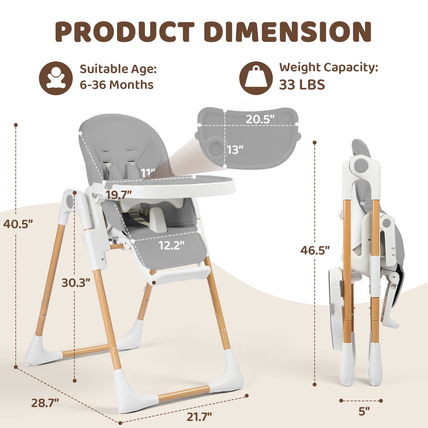 AILEEKISS Foldable High Chair for Baby, Toddler Eating Chair with Detachable Double Trays, Natural Grey