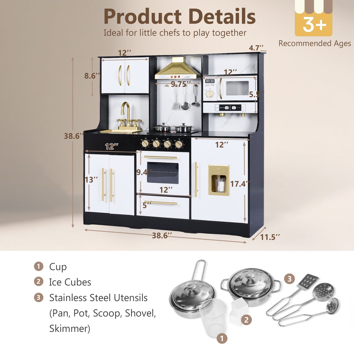 LINLUX Wooden Kids Play Kitchen, Toy Kitchen Playset For Toddler, Realistic Kitchen Sets Baby,Black